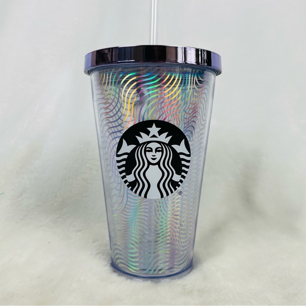 Starbucks | 2014 Silver Rainbow Iridescent Foil Waves Cold Cup • 16oz